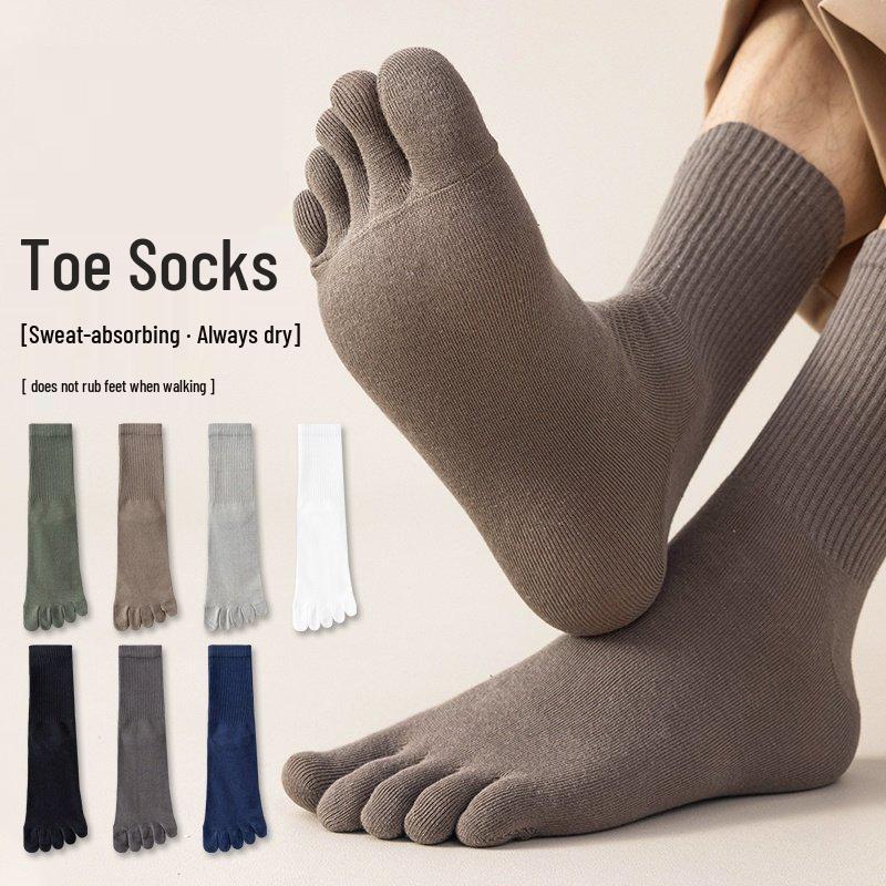 Men's Mid-Calf Five-Toe Sports Socks - Cotton, Anti-Odor, Sweat-Wicking, All-Season