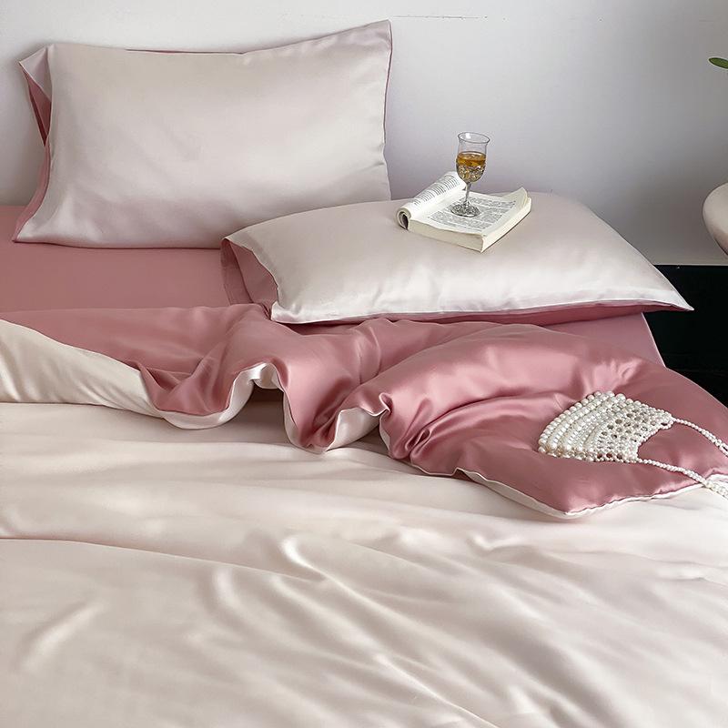 Summer Solid Color Ice Silk Four Piece Set Cool Feeling Bed Sheet Duvet Cover Three Piece Bedding Set For Dormitory Comfortable Bed Linen