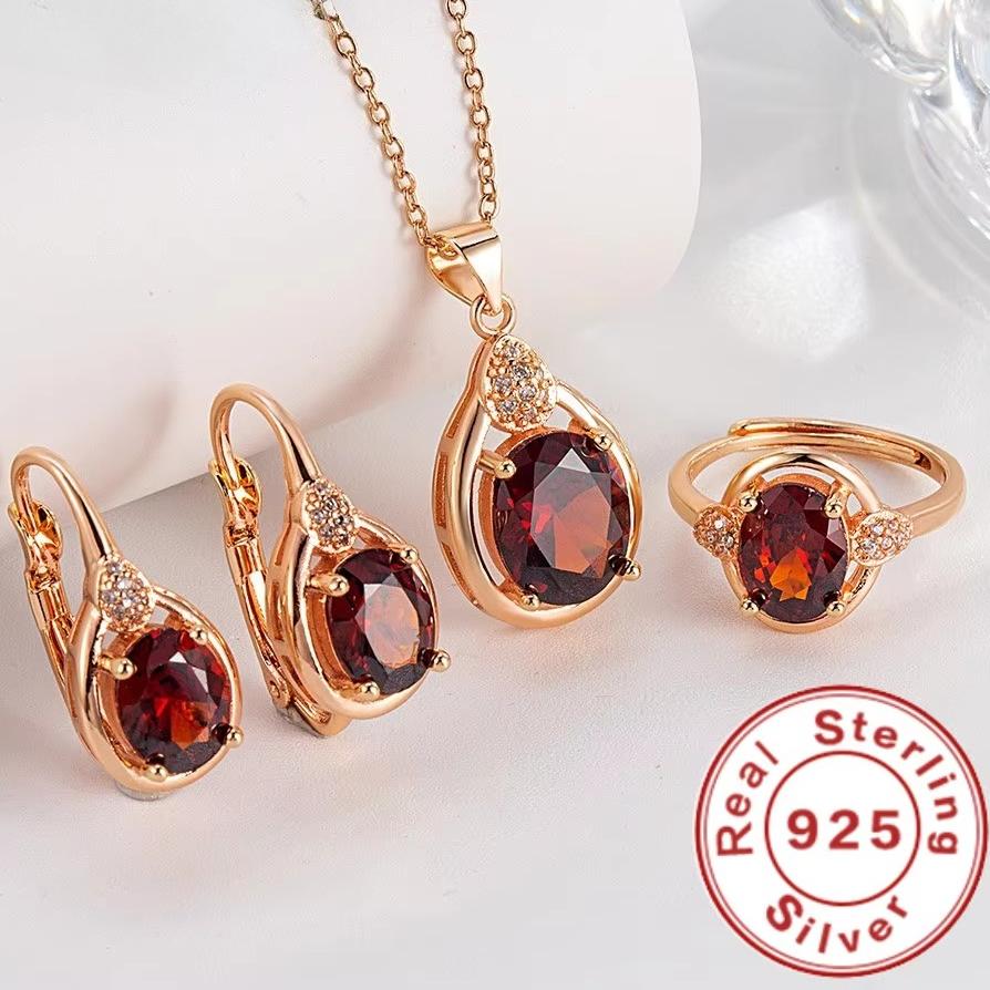 

Exquisite 925 Sterling Silver Ruby Necklace Earrings Ring Set for Women Engagement Party Jewelry One size серебряный
