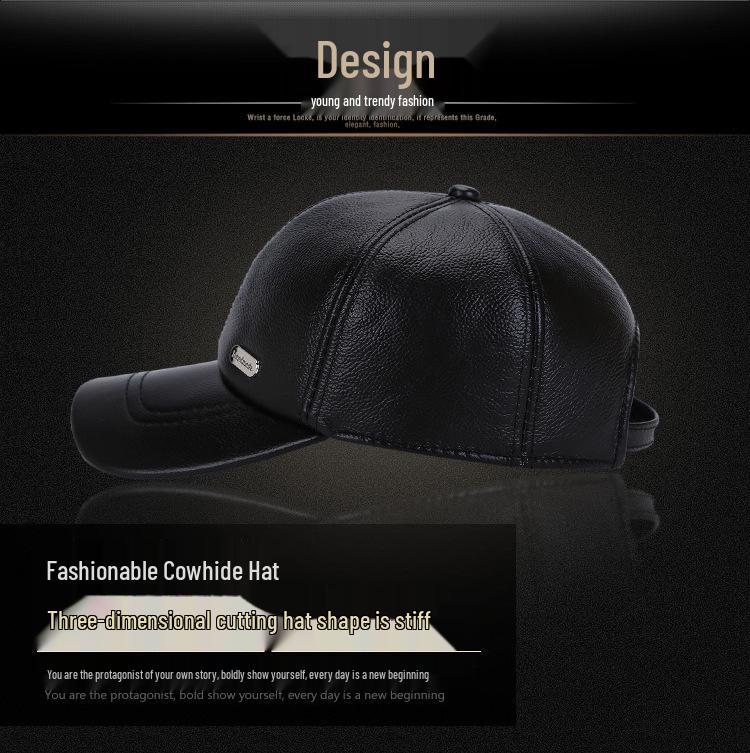 Genuine Leather Cowhide Baseball Cap with Ear Flaps, Adjustable Fleece-Lined Winter Duckbill Hat for Middle-Aged and Elderly Men.