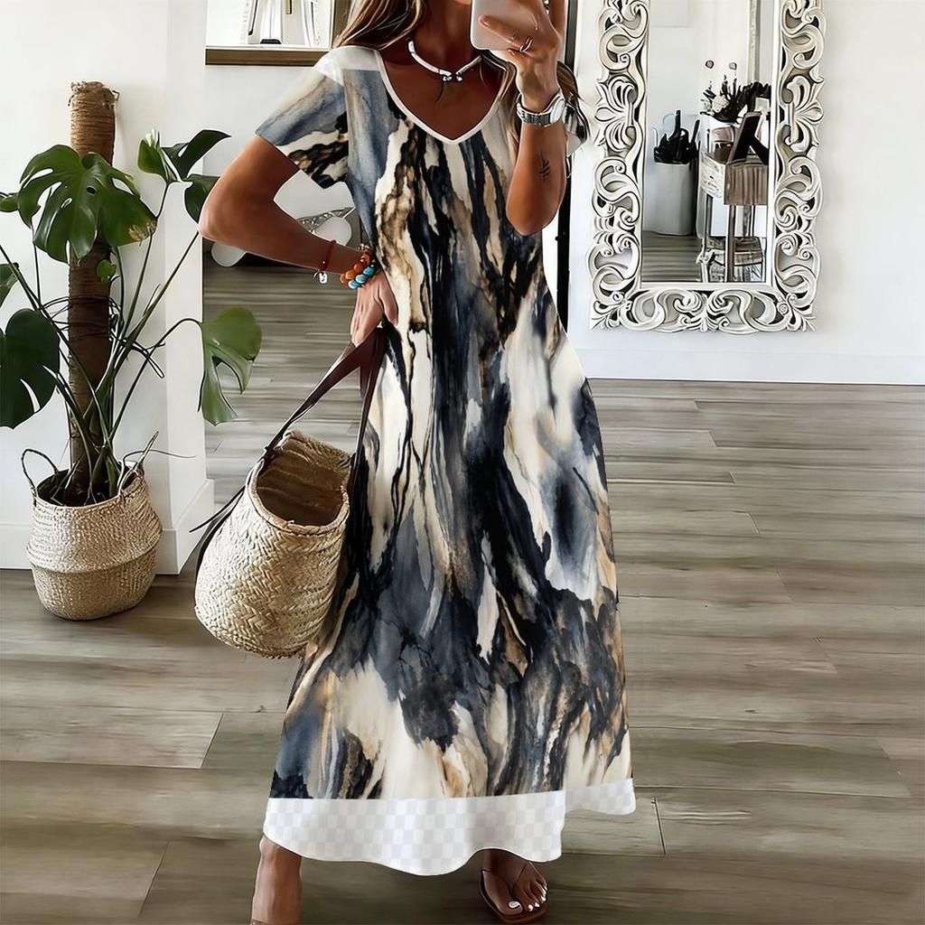 Women Plus Size V Neck Short Sleeve Blue White Printed Straight Maxi Dress