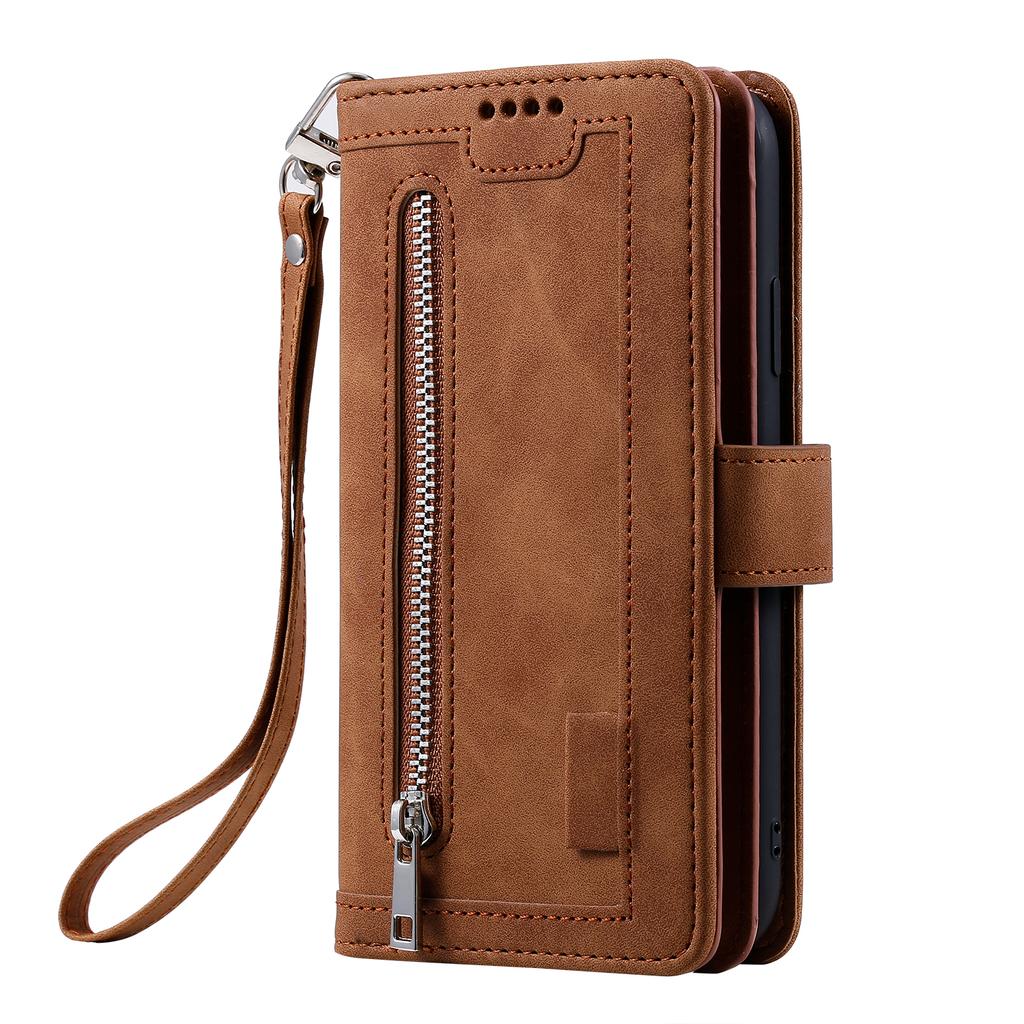 For iPhone 17 Pro Case 9 Card Slots Zipper Wallet PU Leather Phone Cover with Wrist Strap