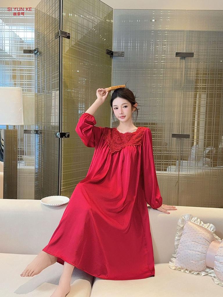 1011 new ice silk nightdress women's long-sleeved lace spring and autumn loungewear high-end light luxury style can be worn outside pajamas