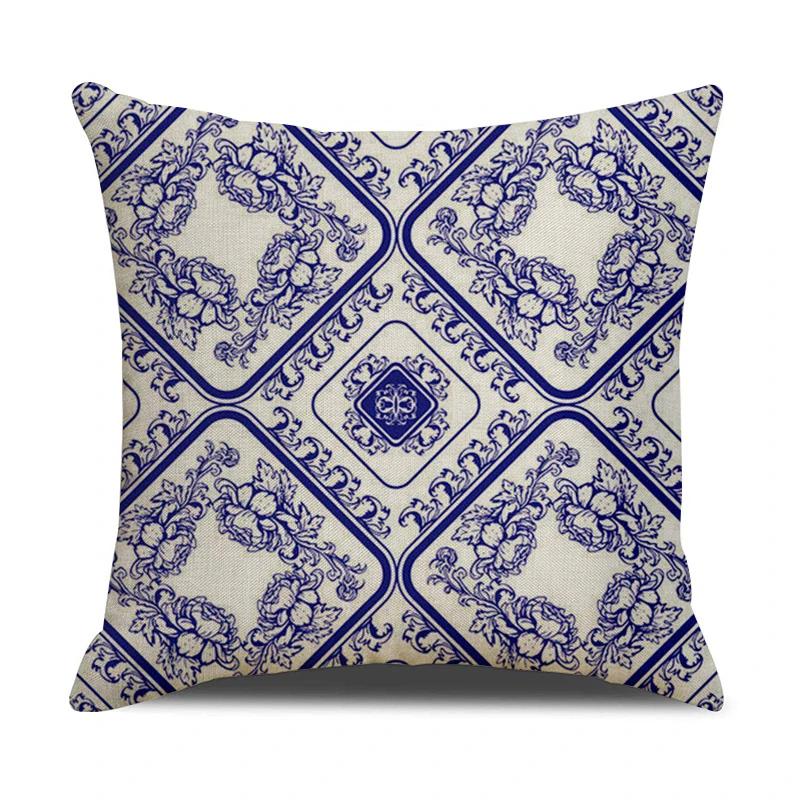 Chinese retro style blue and white ceramic printed fabric linen cotton throw pillow wrapped sofa home decoration pillow