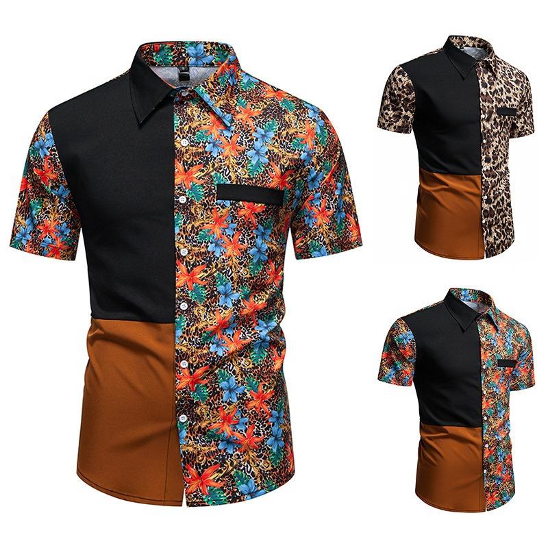 Sommer Herren Leo-Print Colorblock Kurzarmhemd Größe Herren Freizeit Locker Hemd Jacke
