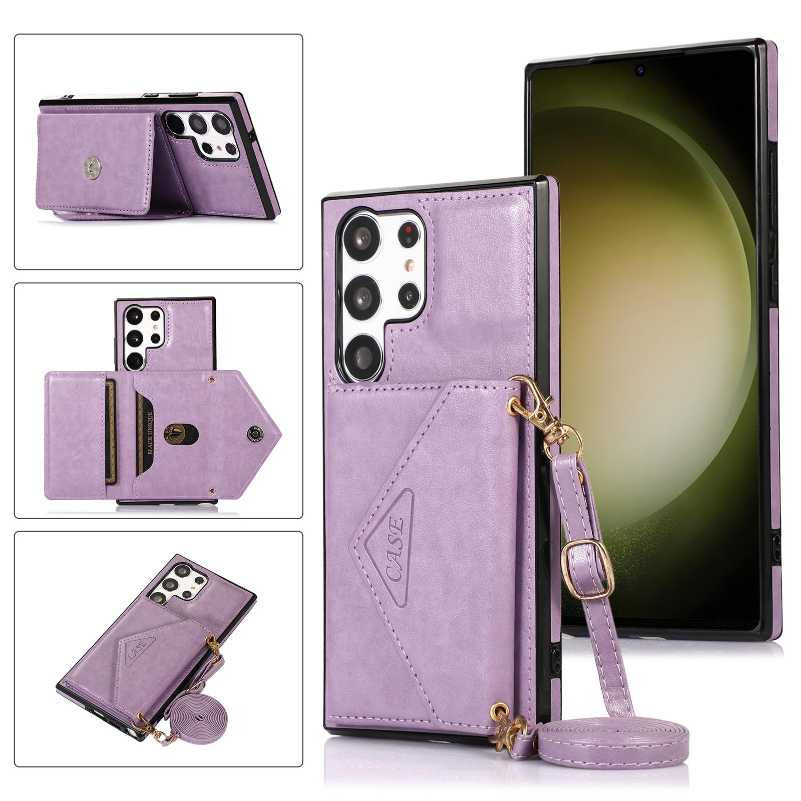 

For Samsung Galaxy S25 Ultra Cell Phone Case Triangle Lid Card Bag Leather+TPU Cover with Long Strap Purple