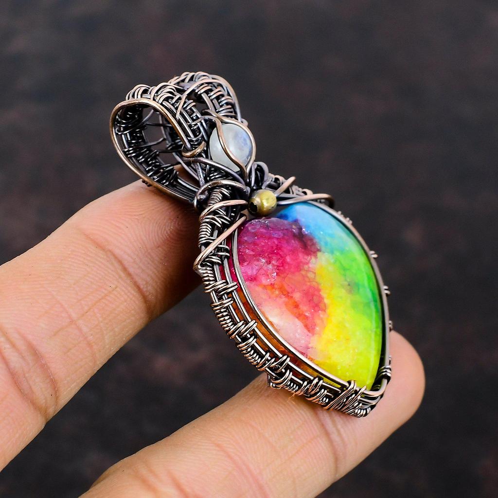 Rainbow Solar Quartz Druzy Copper Wire Wrapped Jewelry Rainbow Moonstone Pendant Copper Gemstone Pendant Handmade Wire Jewelry Gift For Her
