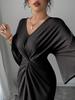 2026 European Summer Women's Batwing Sleeve V-neck French Knot Slit Dress