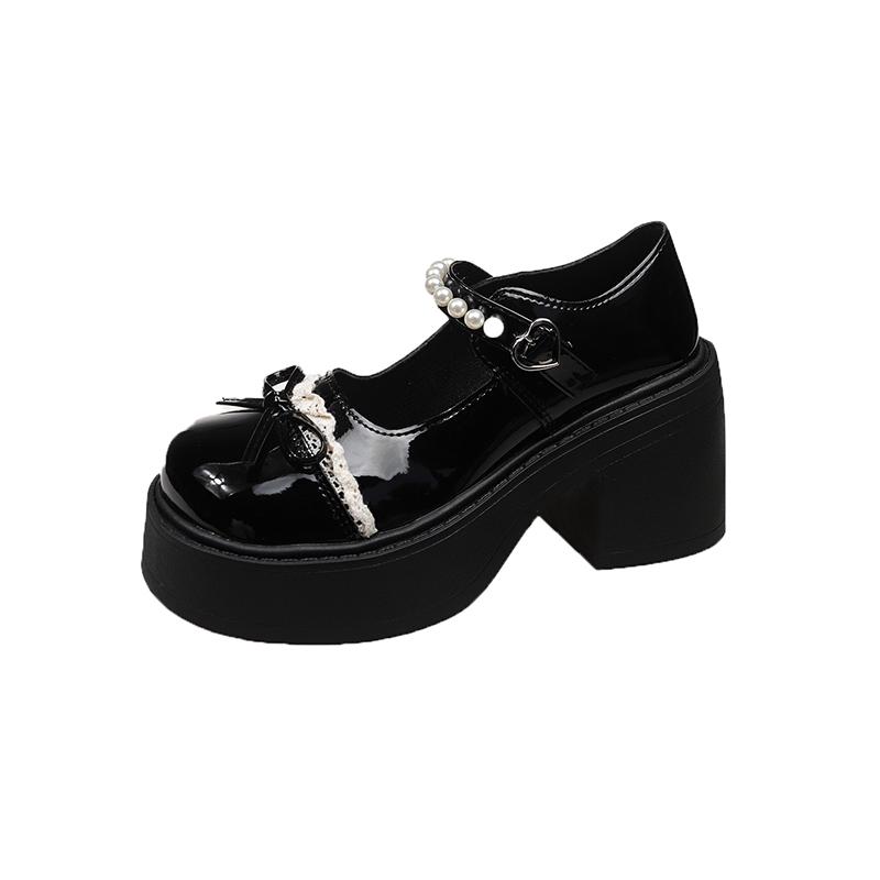 

Spring New Platform Mary Jane Small Leather Shoes Women s 100 Matching Skirt French Vintage Round Toe Pearl Single Shoes 40 чорний