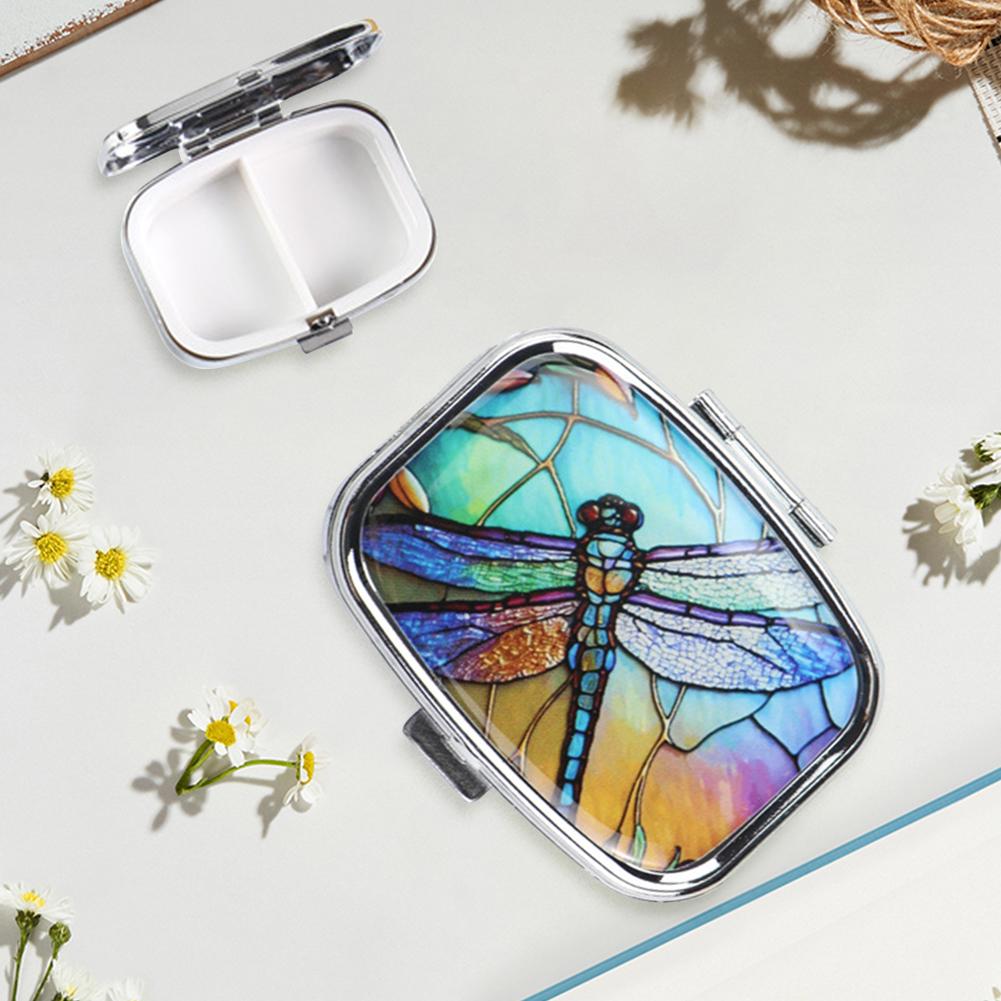 Travel Decorative Medicine Holder with 2 Compartment Portable Pill Container Metal Pill Organizer Small Pocket Purse Travel Gift