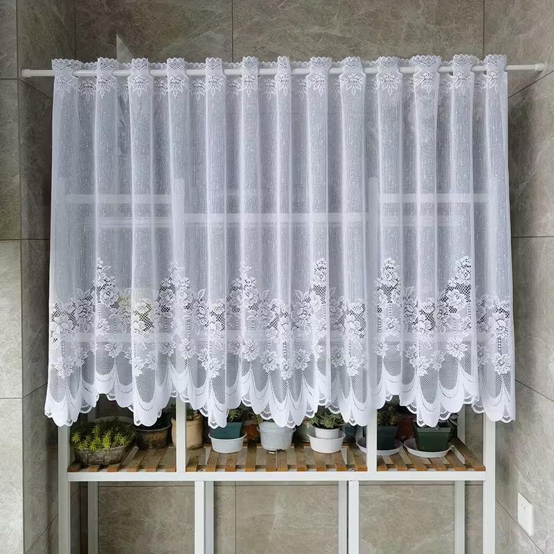 1pc Floral Embroidered Lace Curtain Rod Pocket Sheer Short Valance, Bathroom Small Window Cabinet Cover Dustproof Half Curtains