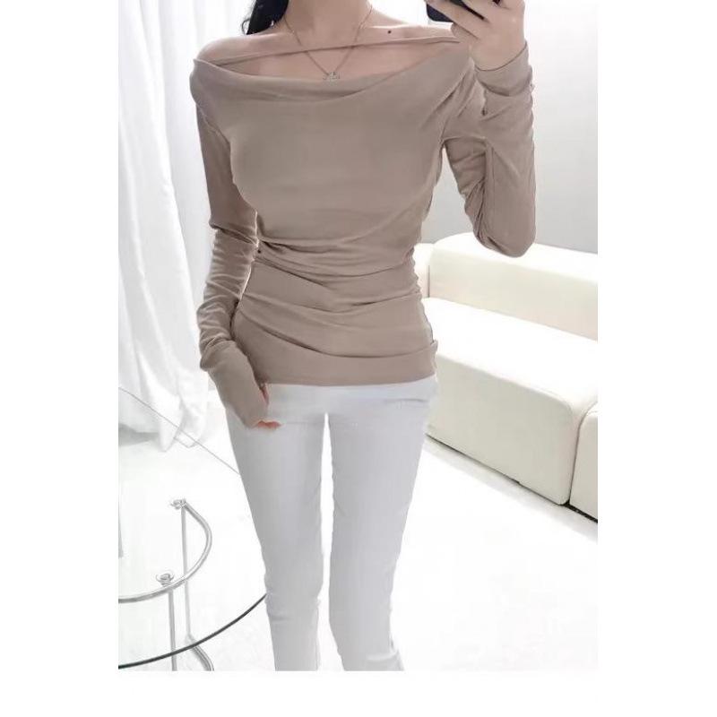 Korean Dongdaemun 2024 Women's Sexy One-Shoulder Slit Slim T-Shirt, Long-Sleeved & Feminine