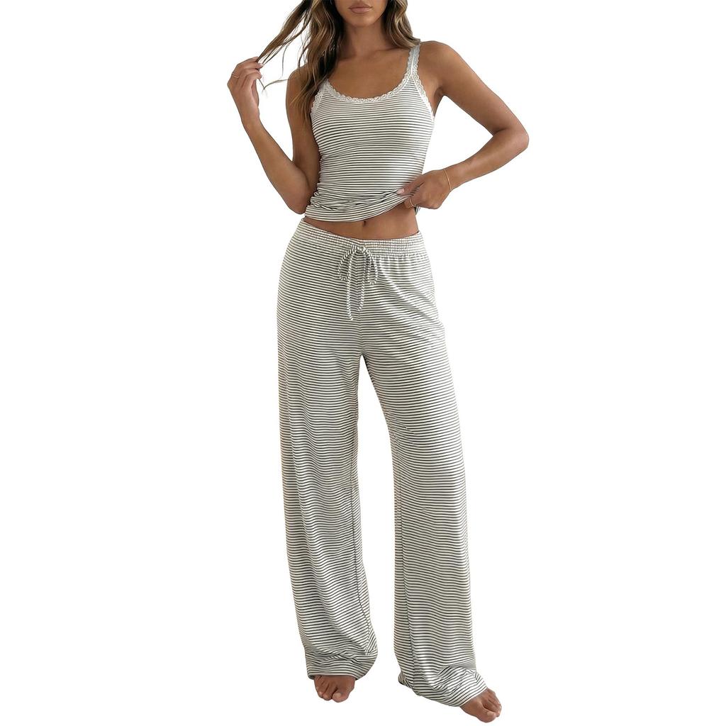 Women Sleeveless Tank Top and Wide Leg Pants Set Casual Lounge Pajama Set with Adjustable Waistband and Relaxed Fit for Home and Sleepwear