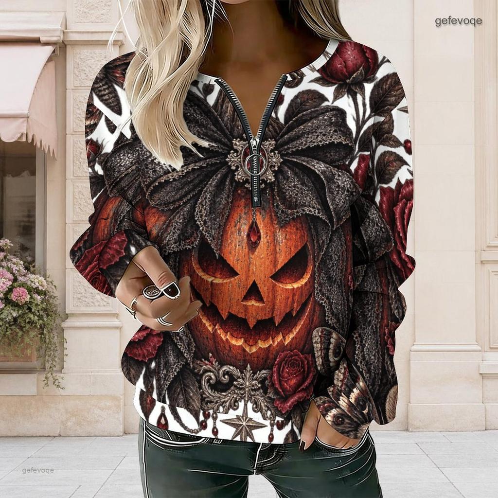 Women Plus Size V Neck Half Zip Long Sleeve Gothic Castle Raven Rose Printed Sweatshirt