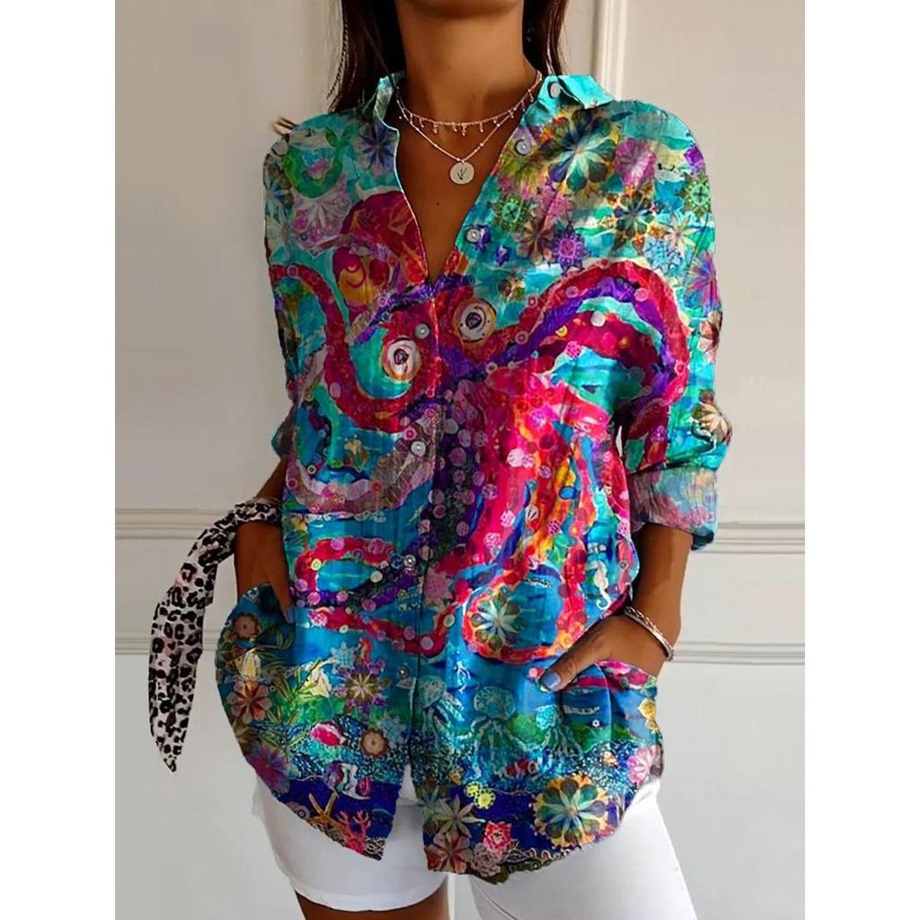 Ladies, Casual, Long Sleeved, Button Up Shirt, Floral Print, Machine Washable, Casual, Loose Fit