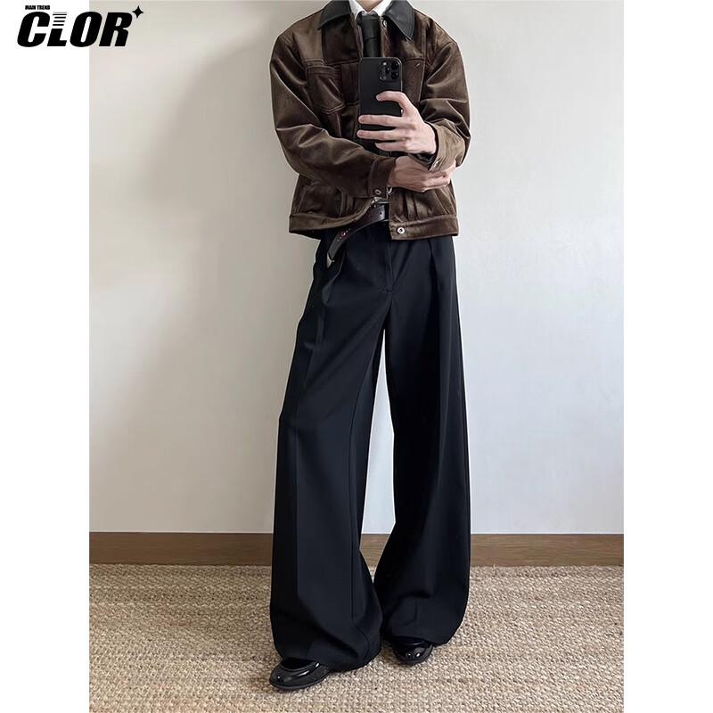 CLOR Pleated A-Line Casual Trousers for Men, Spring And Summer Wide-Leg Draping Loose Straight-Leg Pants, CL75 Black M