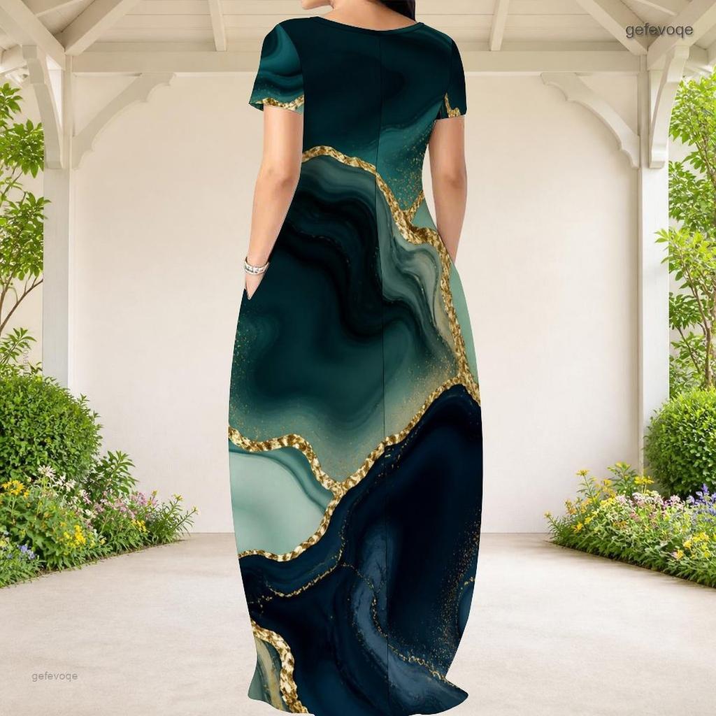 Women Plus Size Round Neck Short Sleeve Printed Loose Maxi Dress With Side Pockets