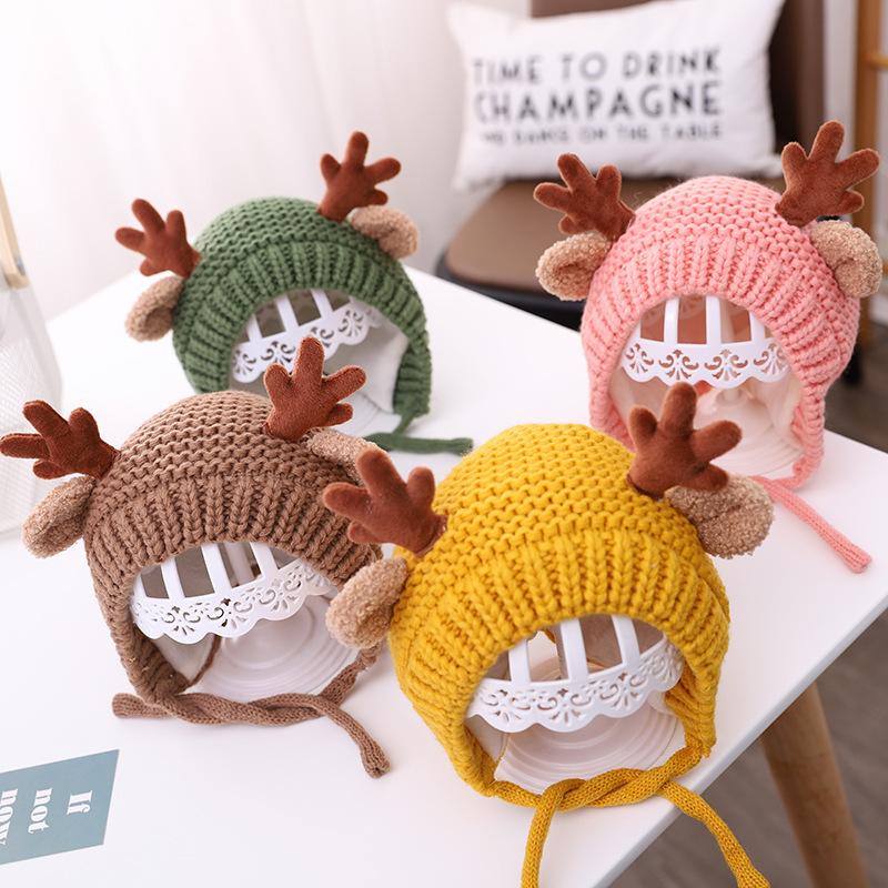 Babyhüte Herbst und Winter Jungen Baby Wollmützen Geweih Ohren Mädchen Ohrenschützer Strickmützen Thermomützen