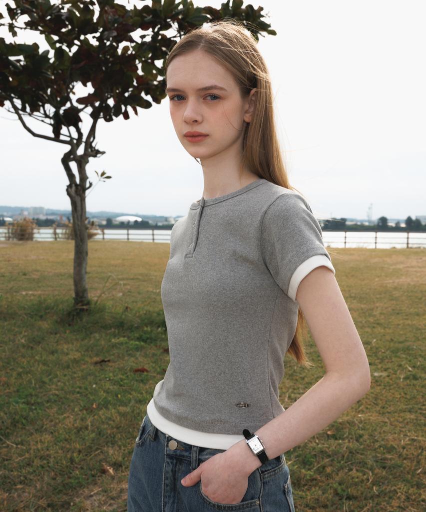 DEHEVE Layered Eyelet T-Shirt [Gray]