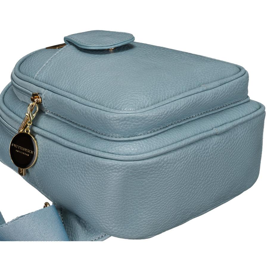 Blaue stilvolle kleine Damen-Tasche aus Öko-Leder, verziert mit goldenen Beschlägen, Bauchtasche Crossbody Peterson