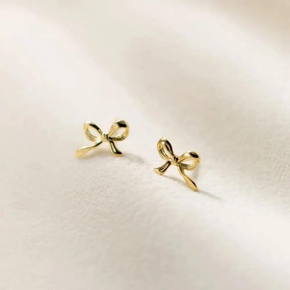 New 925 Silver Needles Stud Earrings Bowknot Simple Minimalist Bow Earrings Gold Silver Color Ear Piercing Jewelry Women