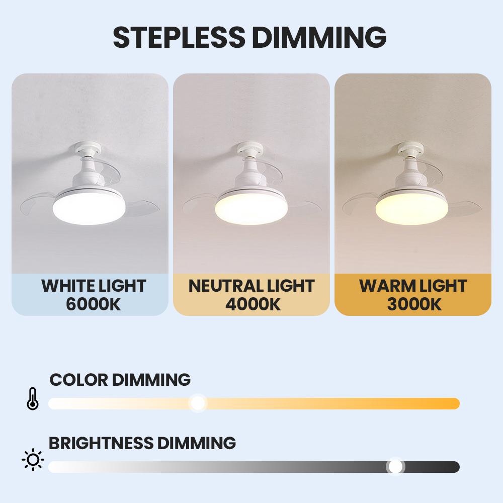 LED Ceiling Fan Light E27 Screw Invisible Fan Light with Remote Control Mute Timming Function 3-Speeds Wind Free Extension Pole