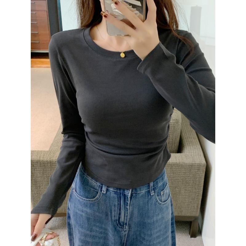 

Short curved hem top women s spring waist fold front shoulder simple versatile long-sleeved shirt base L темно серый