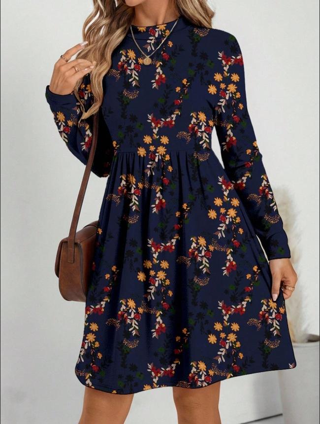 Autumn and winter new casual fashion floral printing long-sleeved stand-up collar dress women's clothing