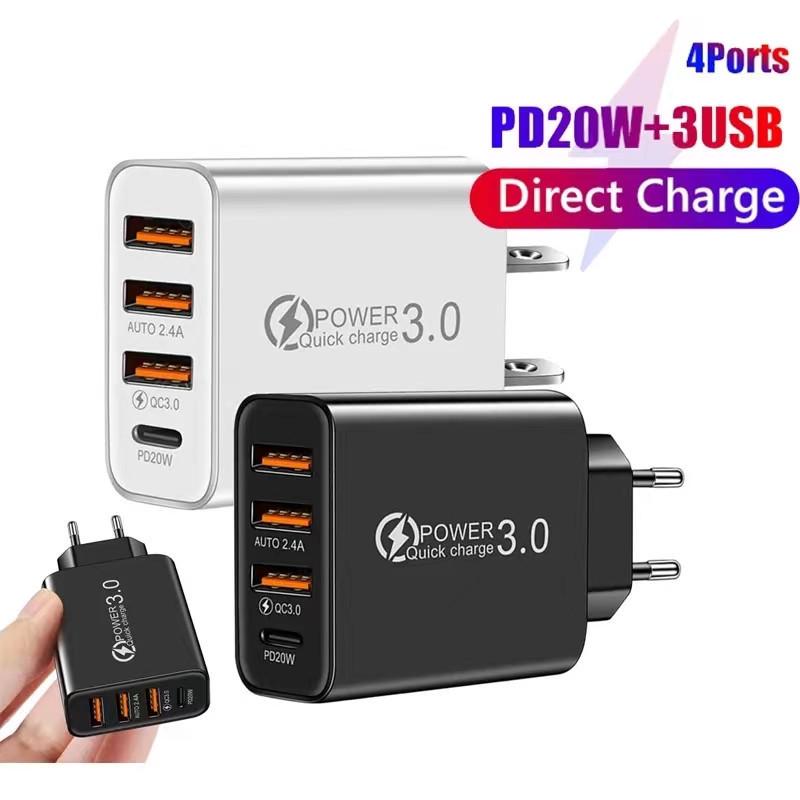 Multi-Standard Travel Charger: US, EU, UK Plugs with 3 USB + Type-C Ports, Smart Power Adapter