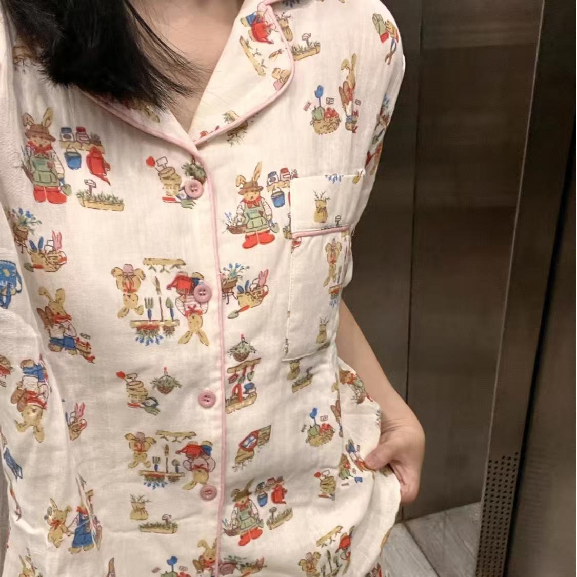 

Cute floral bunny girl pajamas summer short-sleeved shorts double-length two-piece set student dormitory loungewear S [recommended weight 35-40kg ]