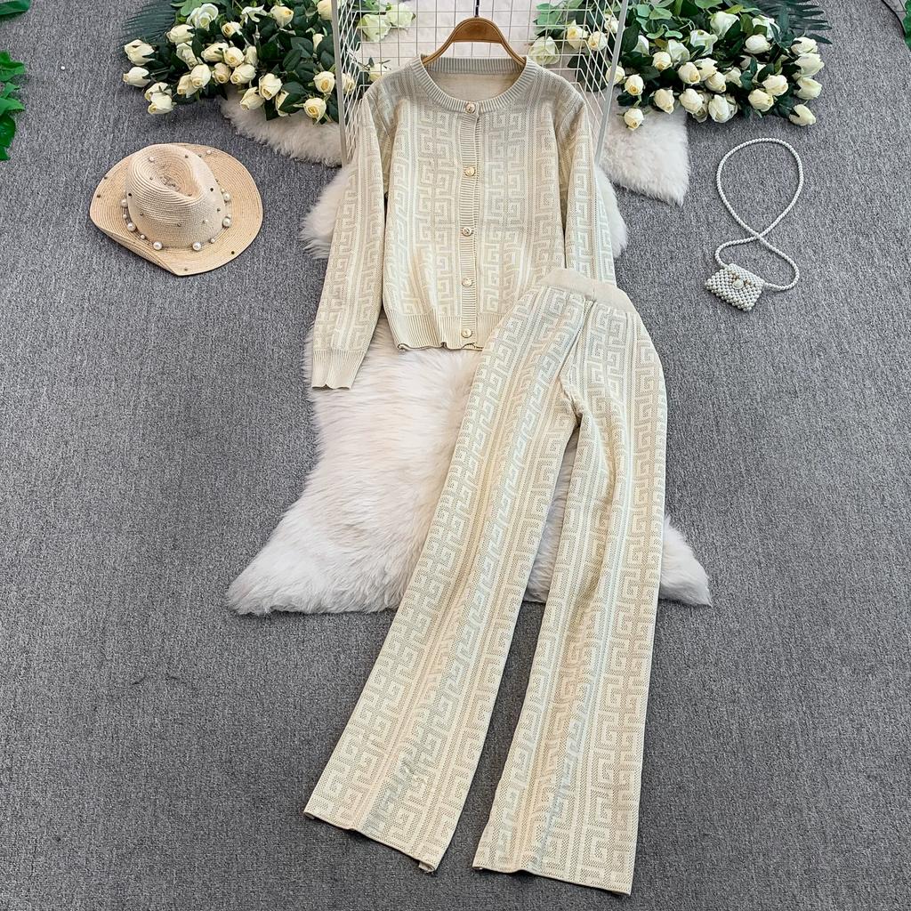 Jesień Zima Damski Designerski Wzorzysty Dzianinowy Sweter Spodnie Dwuczęściowy Zestaw Długi Rękaw Jednorzędowa Kurtka Top i Spodnie z Elastycznym Pasem Dres