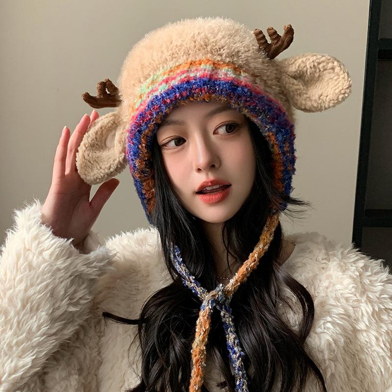 Women S Cute Antler Plush Hat Winter Warm Ear Flap Knit Beanie