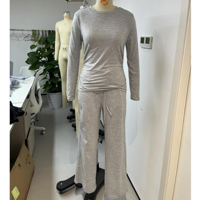Autumn Women's Casual Pant Suit Pleated Decoration Solid Color Long Sleeve Top High Waisted Wide Leg Pants Sweatshirt