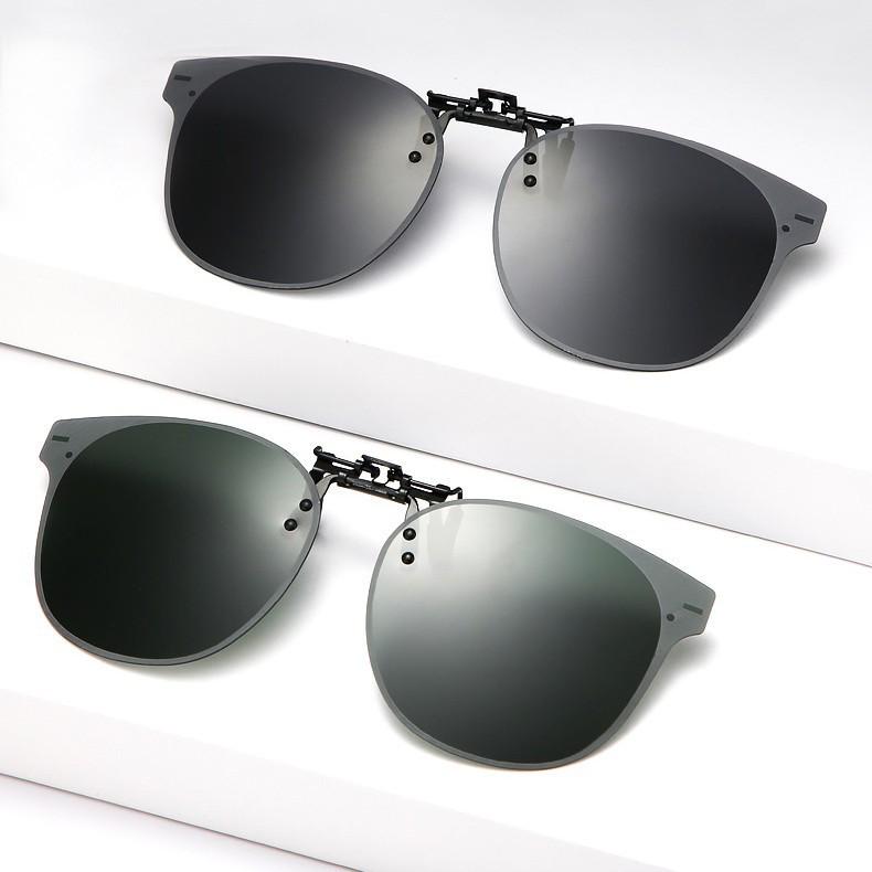Frameless Flip-up Polarized Clip-on Sunglasses for Men & Women - Polygonal Design Driving Glasses Dark Green Polarized
