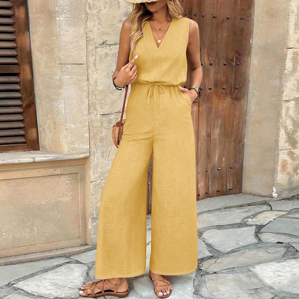 Sleeveless Wide Leg Jumpsuit for Women with Drawstring Waist V Neck Loose Fit Casual Outfit
