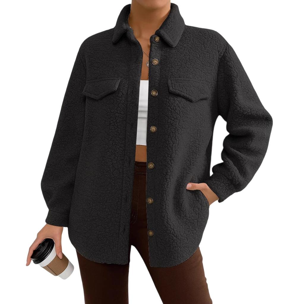 Women's Fashionable Solid Color Long Sleeved Lapel Button Coat Jacket