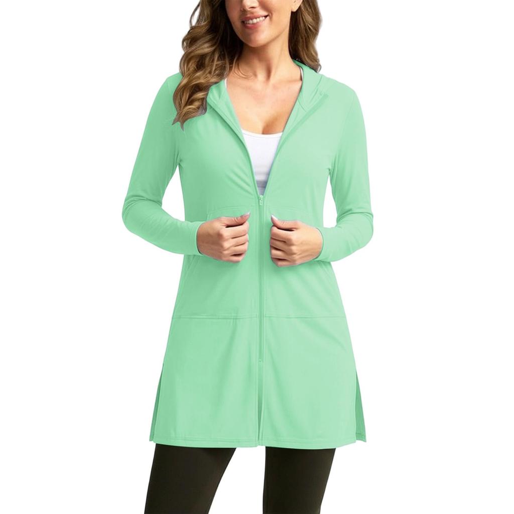Women Hooded Loose Fit Sun Cardigan Long Sleeve Lightweight Casual Outerwear with Zipper Front Pockets for Daily Wear