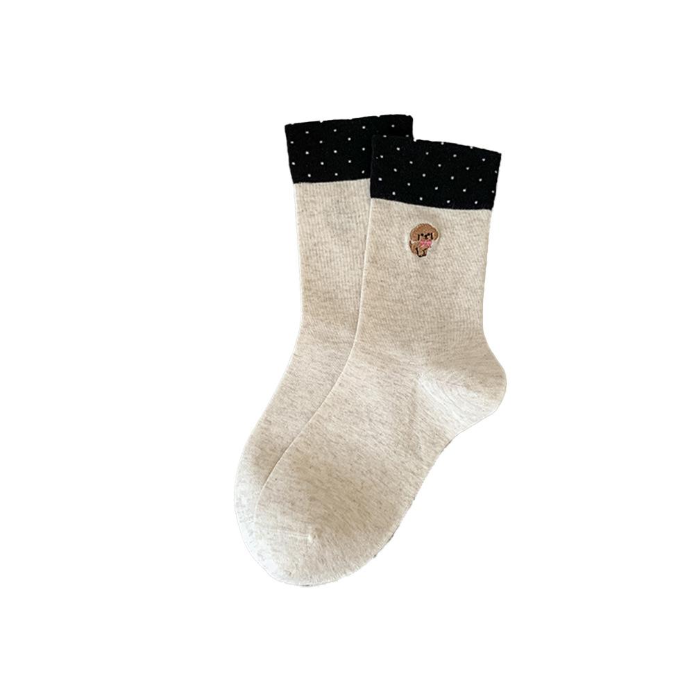 Female Embroidered Puppy Mid-calf Socks for Autumn and Winter, Sweet and Loose Postpartum Socks, Cartoon Socks