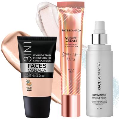 FACES CANADA Glass Skin Glow Kit: Hydra Matte Foundation - Rose Elfenbein (18ml) + Strobe Cream - Pfirsich (18ml) + Make-up Fixierer (50ml) | Aufhellend &