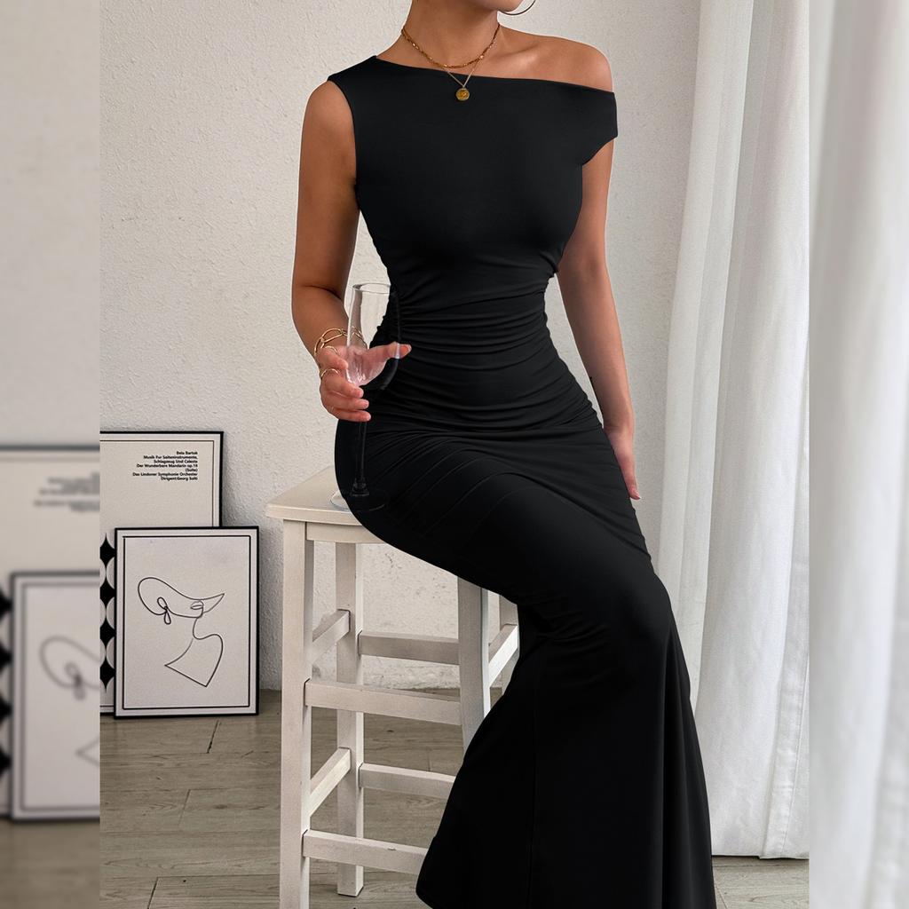 European and American Women's Fishtail Skirt with Sloping Shoulder Collar and Sleeveless Sexy Dress
