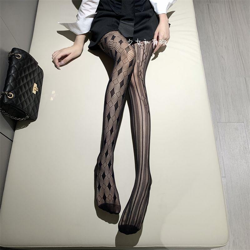 Women's Asymmetrical Fishnet Pantyhose - Black Diamond Pattern, Pure Desire Style