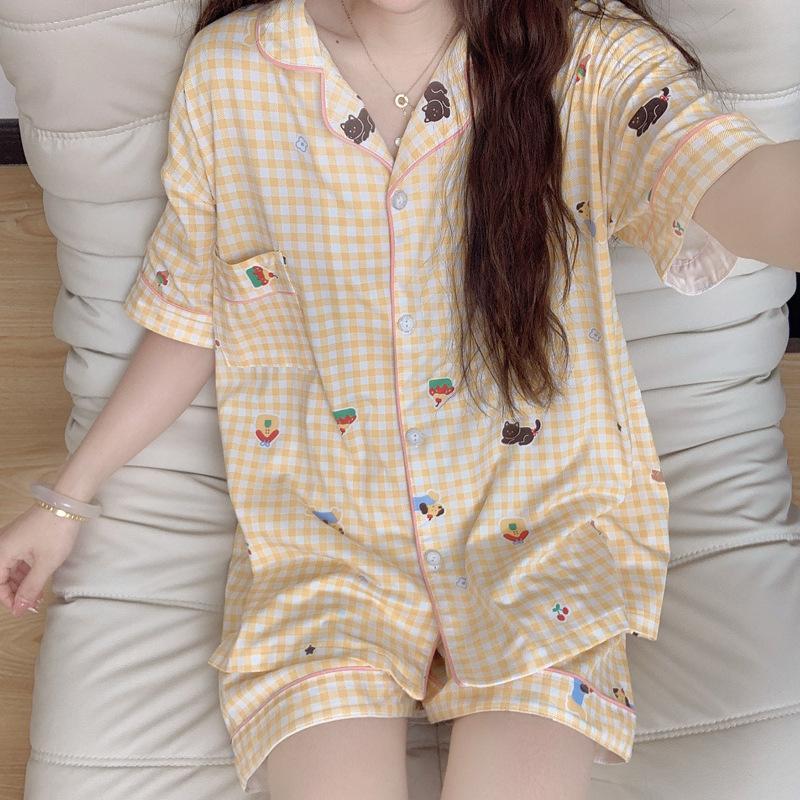 Wind Cartoon Plaid Short-Sleeved Pajamas Women'S Summer Short-Sleeved Shorts Loungewear Two-Piece Set