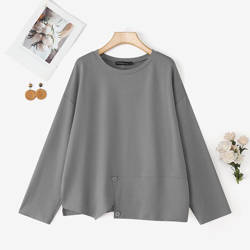 

ZANZEA Женская повседневная блузка-пуловер с круглым вырезом, свободного кроя, с длинным рукавом M серый