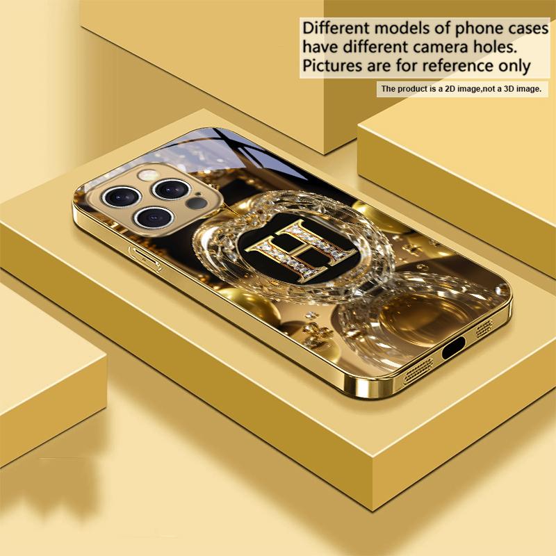 High end golden letter 'F' For IPhone 16 17Pro Max 15 P ro 14 13 Plus 12 Mini 11Pro Max XR 16E 17 Air Golden glass phone case