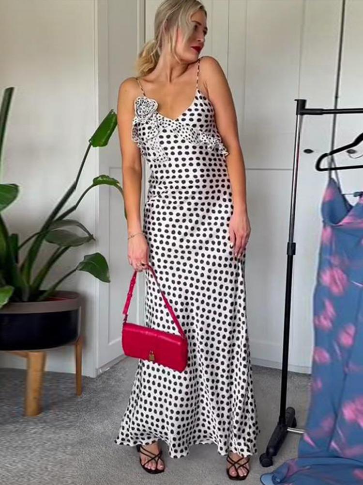 Dot Printed Sling Long Dress Women V-neck Sleeveless Backless 3D Flower Female Summer Party Holiday Lady Robe