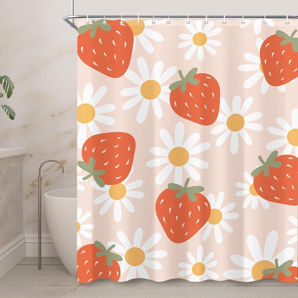 1pc Strawberry Print Waterproof Shower Partition Privacy Hanging Curtain with 12 Hooks, Multiple Sizes, Machine Washable