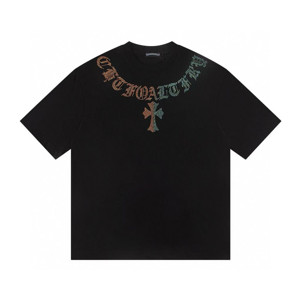 CHROME HEARTS 2025 Summer New High Quality Cotton Round Neck Loose Large Size T-shirt Set with Diamonds Couple T-shirt