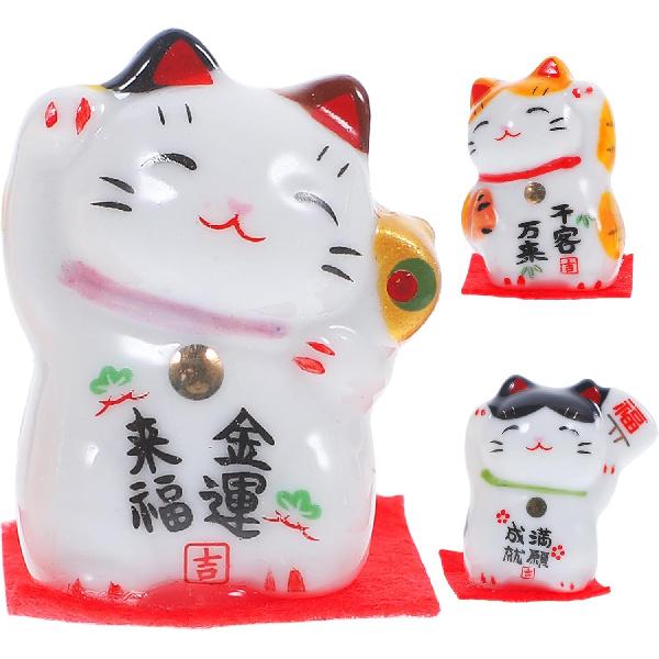 Wakauto 3 Pcs 1" Lucky Cat Statue Japanese Maneki Neko Waving Cats Ceramic Figurines Feng Shui Miniature Animal Statue Decoration for Shop, Home, Car