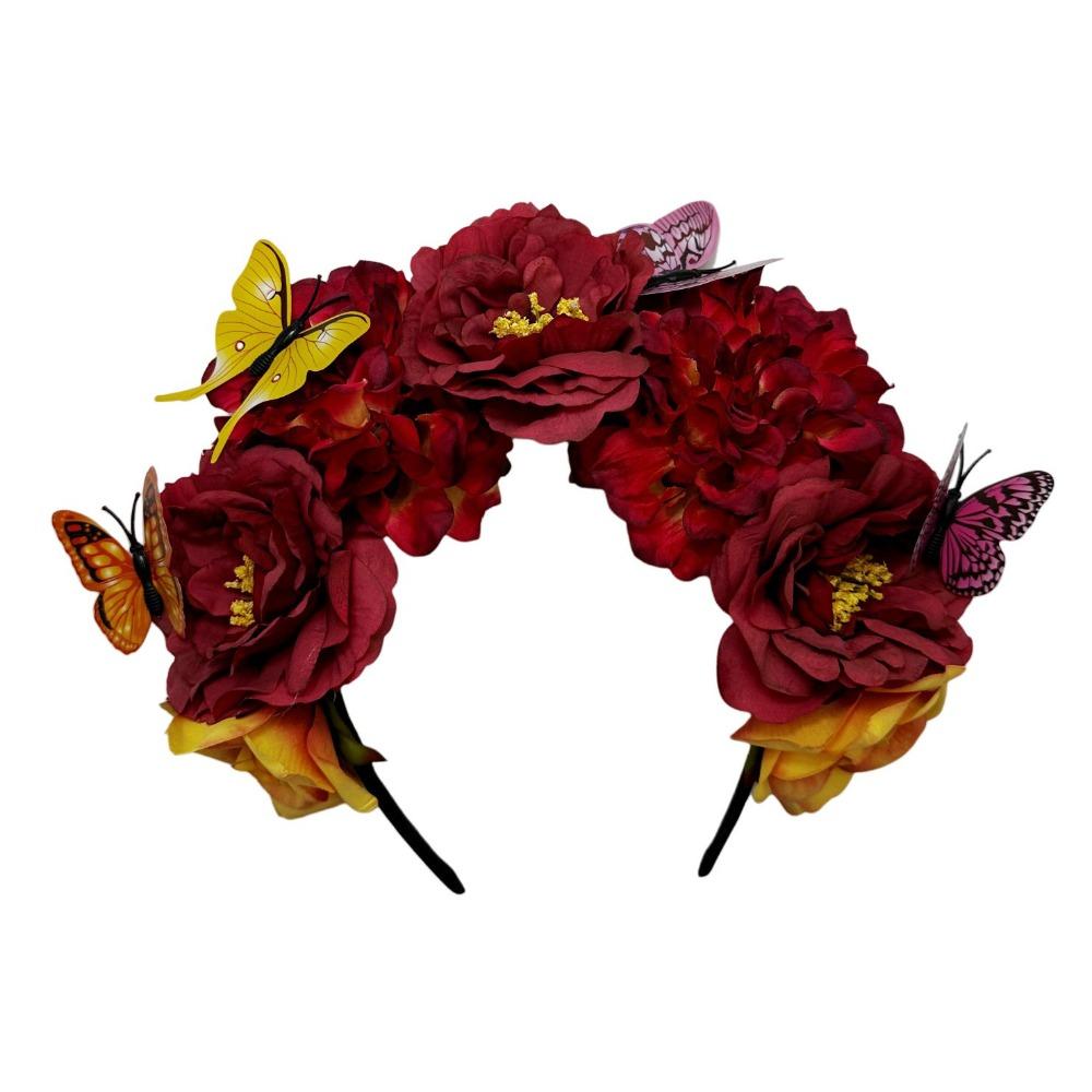 

Trendy Bohemian Floral Crown Hair Hoop Faux Floral Cosplay Fairy Headband Photo Props Red