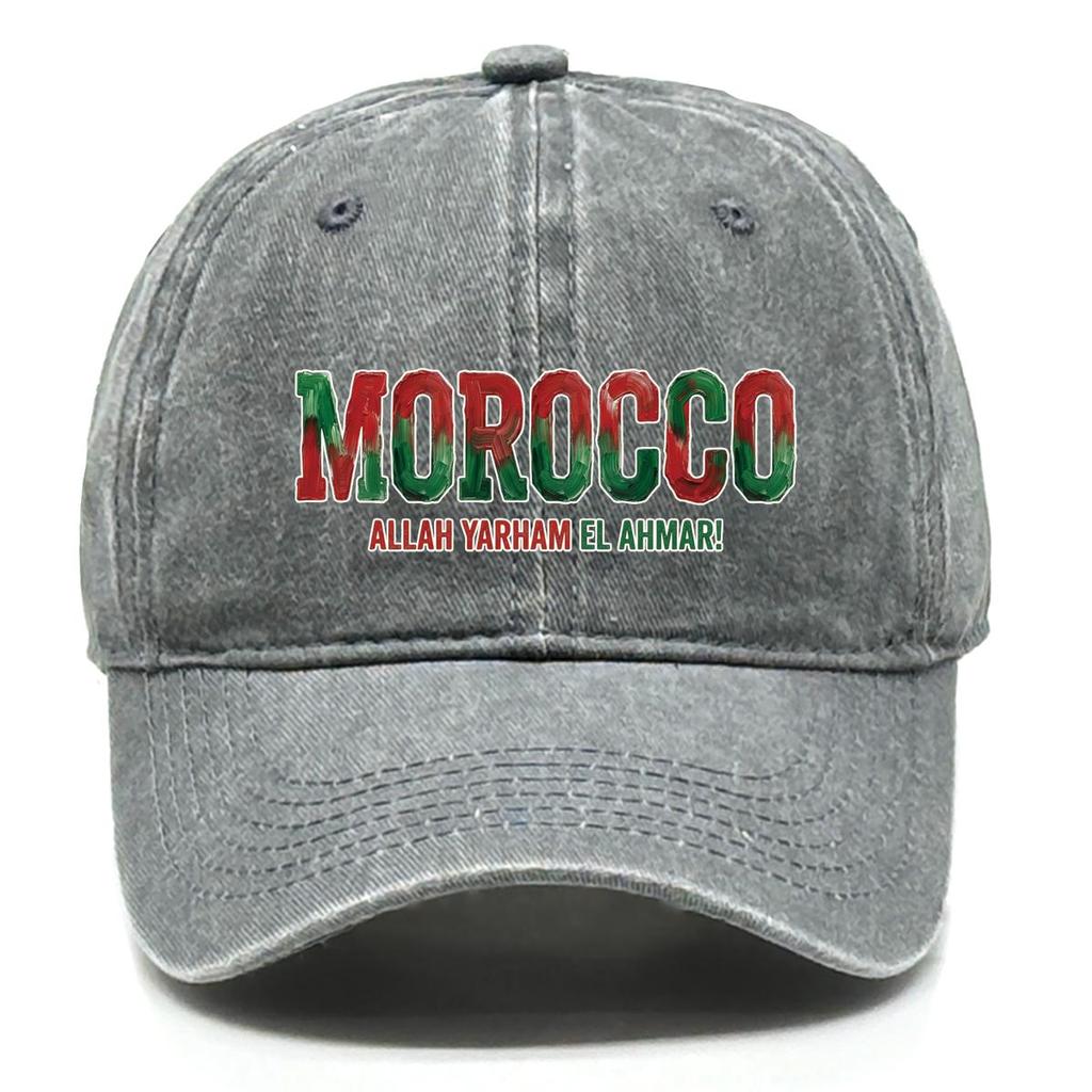 Baseball Cap With "MOROCCO" "ALLAH YARHAM EL AHMAR" Flag Printed , Adjustable Sun Hat Headwear Unisex Trendy Casual Dad Hat